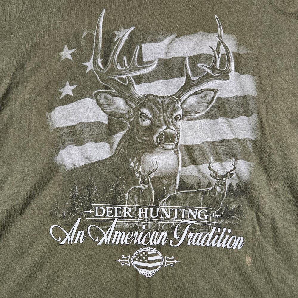 Vintage Deer Hunting Shirt Mens 2XL Green American Tradition Flag Buck Graphic